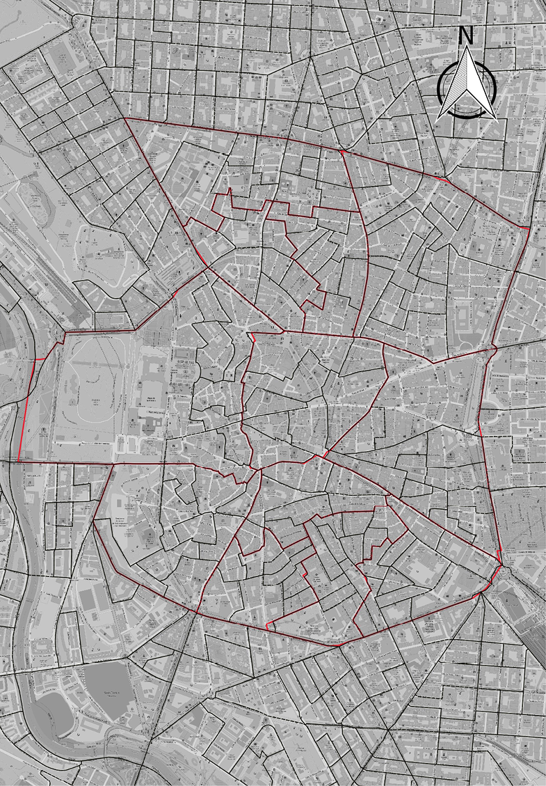 Fig. 1/ Distribución de las áreas espaciales de análisis. Detalle del distrito centro y barrio de Embajadores.