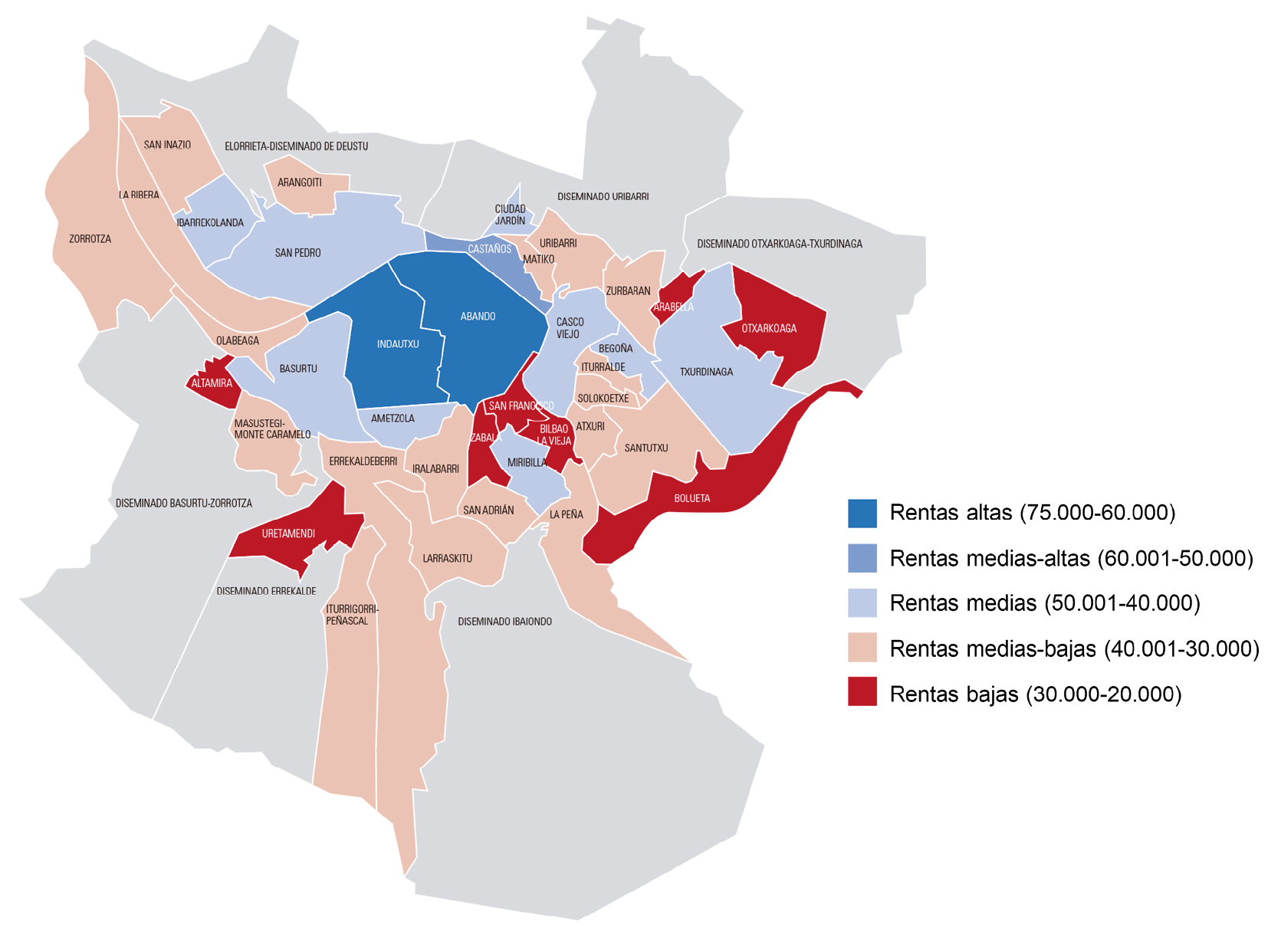 Fig. 5/ Distribución espacial de la renta familiar por barrios en Bilbao (2017).