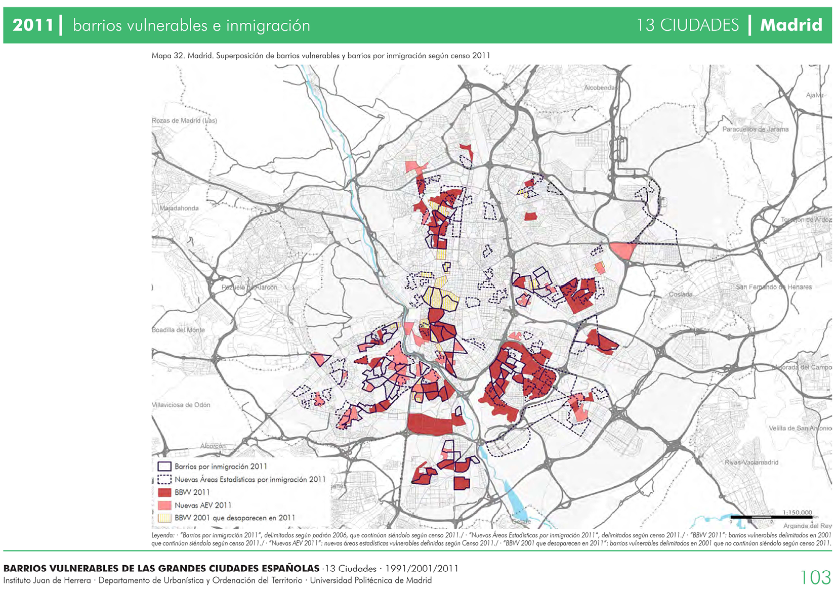 Fig. 14/ Barrios vulnerables y barrios con concentraciones de población inmigrante en la ciudad de Madrid en 2011.