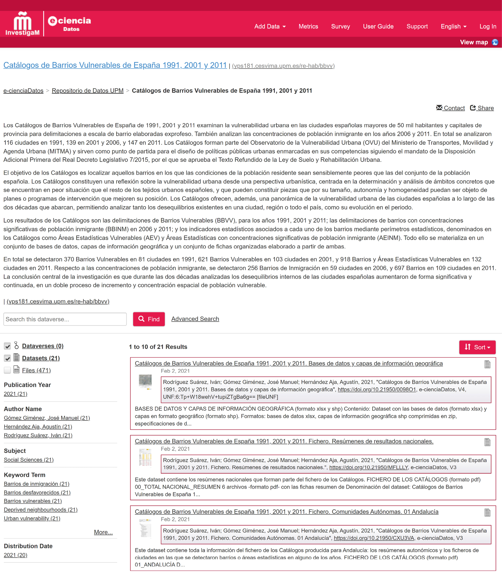 Fig. 15/ Dataverse de los datos en abierto de los Catálogos de Barrios Vulnerables de España 1991, 2001 y 2011.