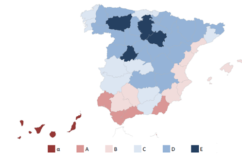 Fig. 3/ Mapa de zonas climáticas españolas según el CTE y distribución en ellas de las viviendas.